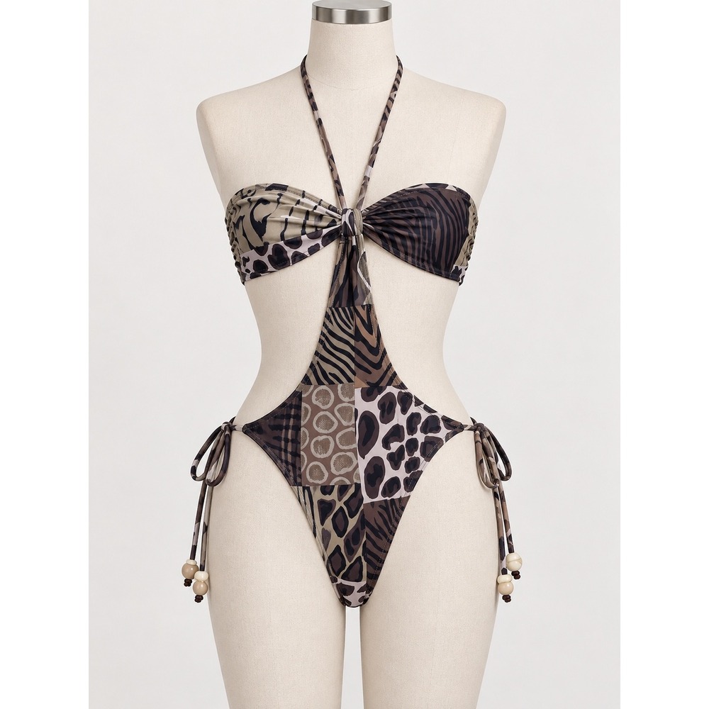 SHEIN Animal Print Patchwork Cutout Monokini Swimsuit XS Boho Y2K Beach
